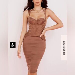 House of CB nude talya bustier ruched cocktail dress midi sz small